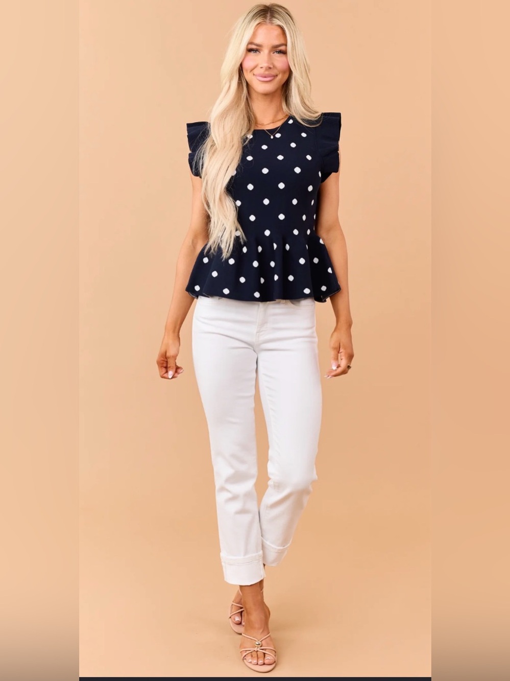 entro Navy Polka Dot Peplum Flutter Sleeve Sweater Top size small #1245